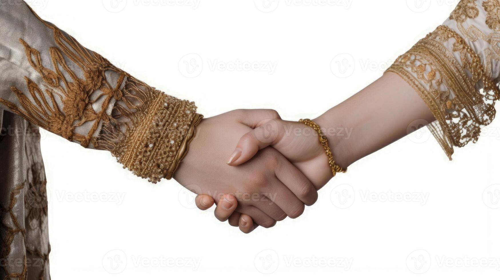 Closeup View of Two Cultural Girls Shaking Hands and Wear Floral Ethnic Dress. Illustration. photo