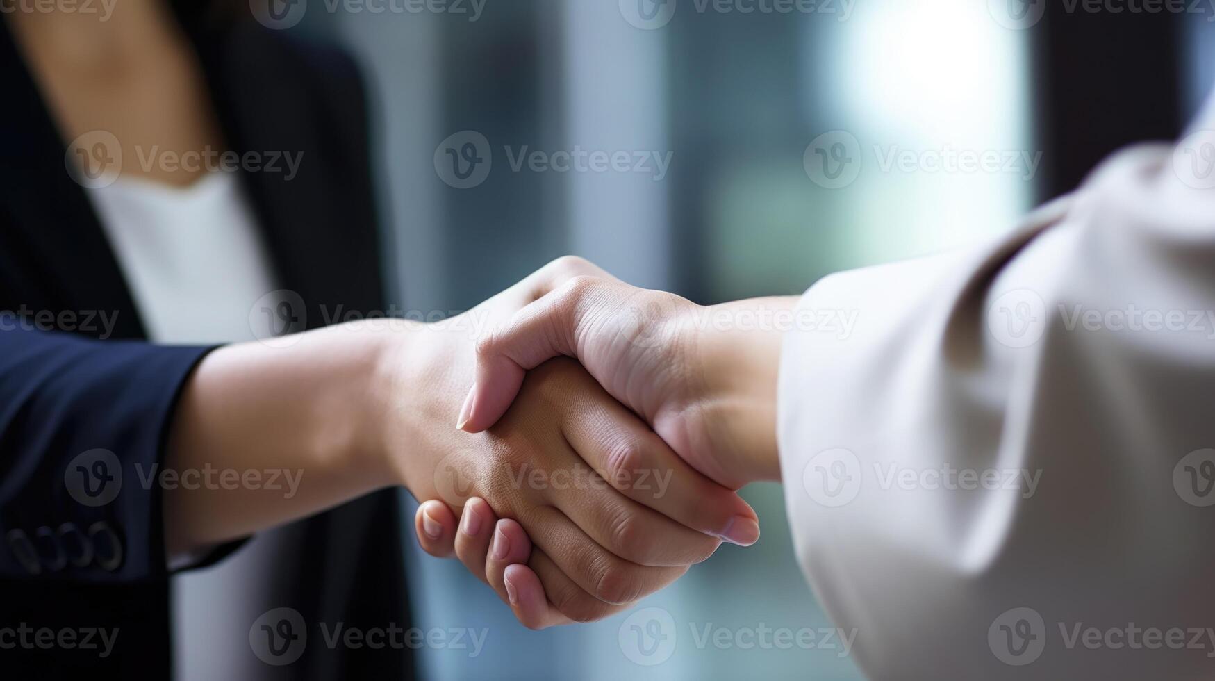Business handshake between two women. Close up. Inside a modern bright office. . photo