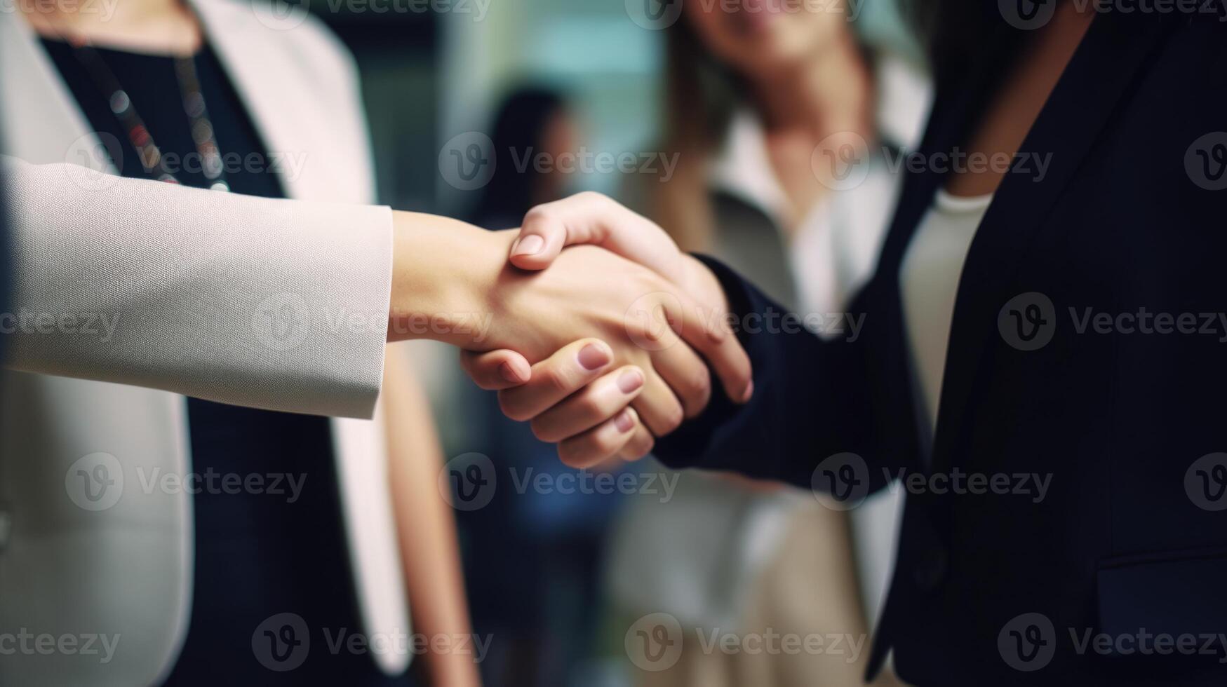 Business handshake between two women. Close up. Inside a modern bright office. . photo