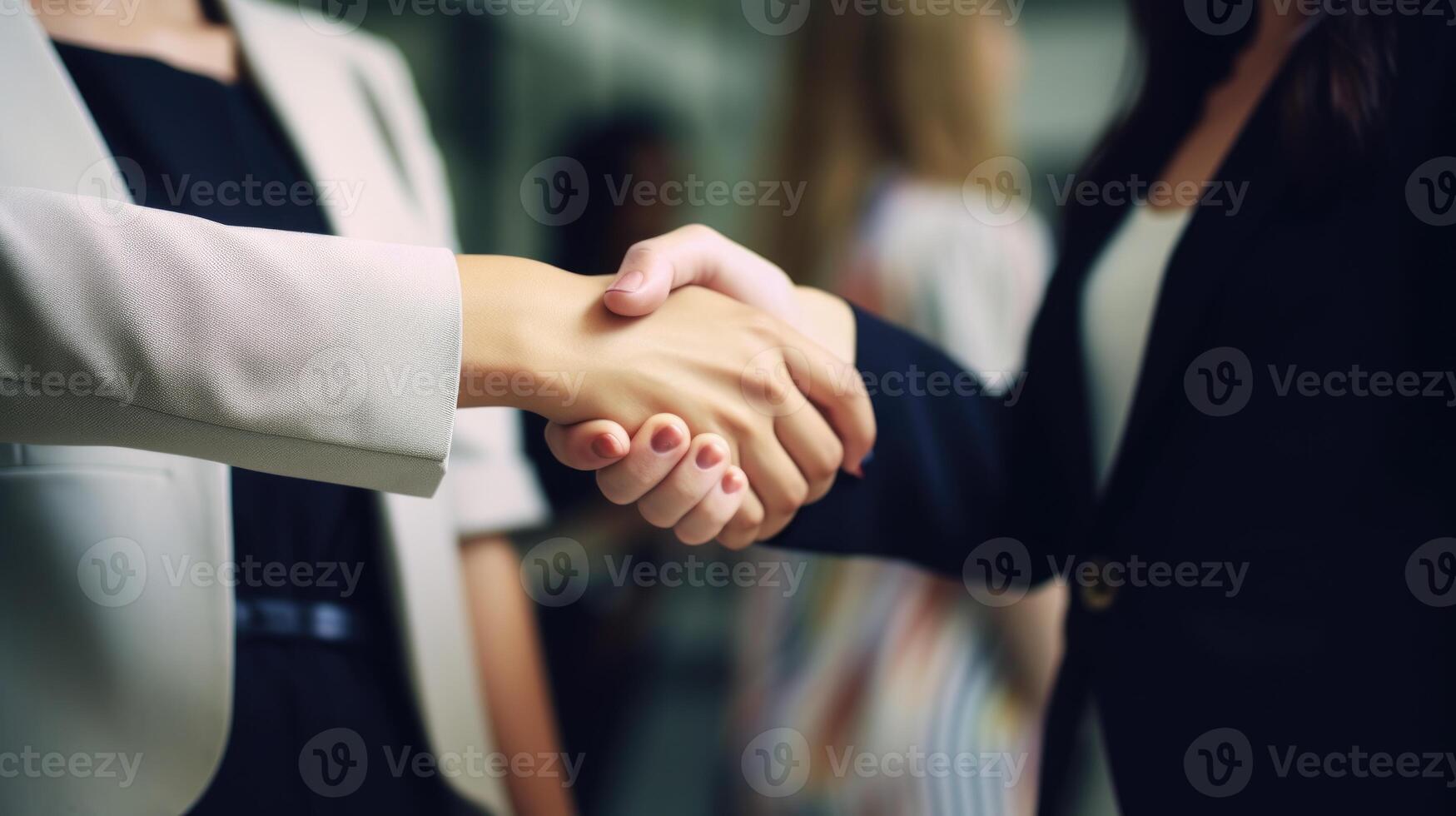 Business handshake between two women. Close up. Inside a modern bright office. . photo