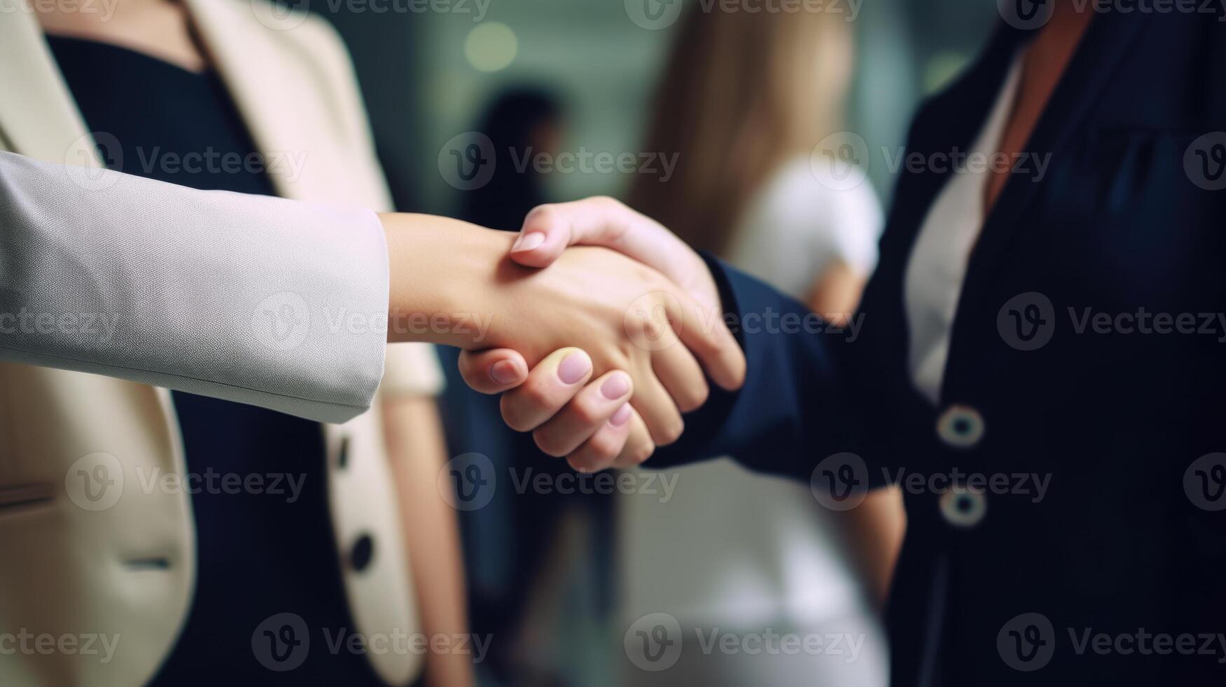 Business handshake between two women. Close up. Inside a modern bright office. . photo