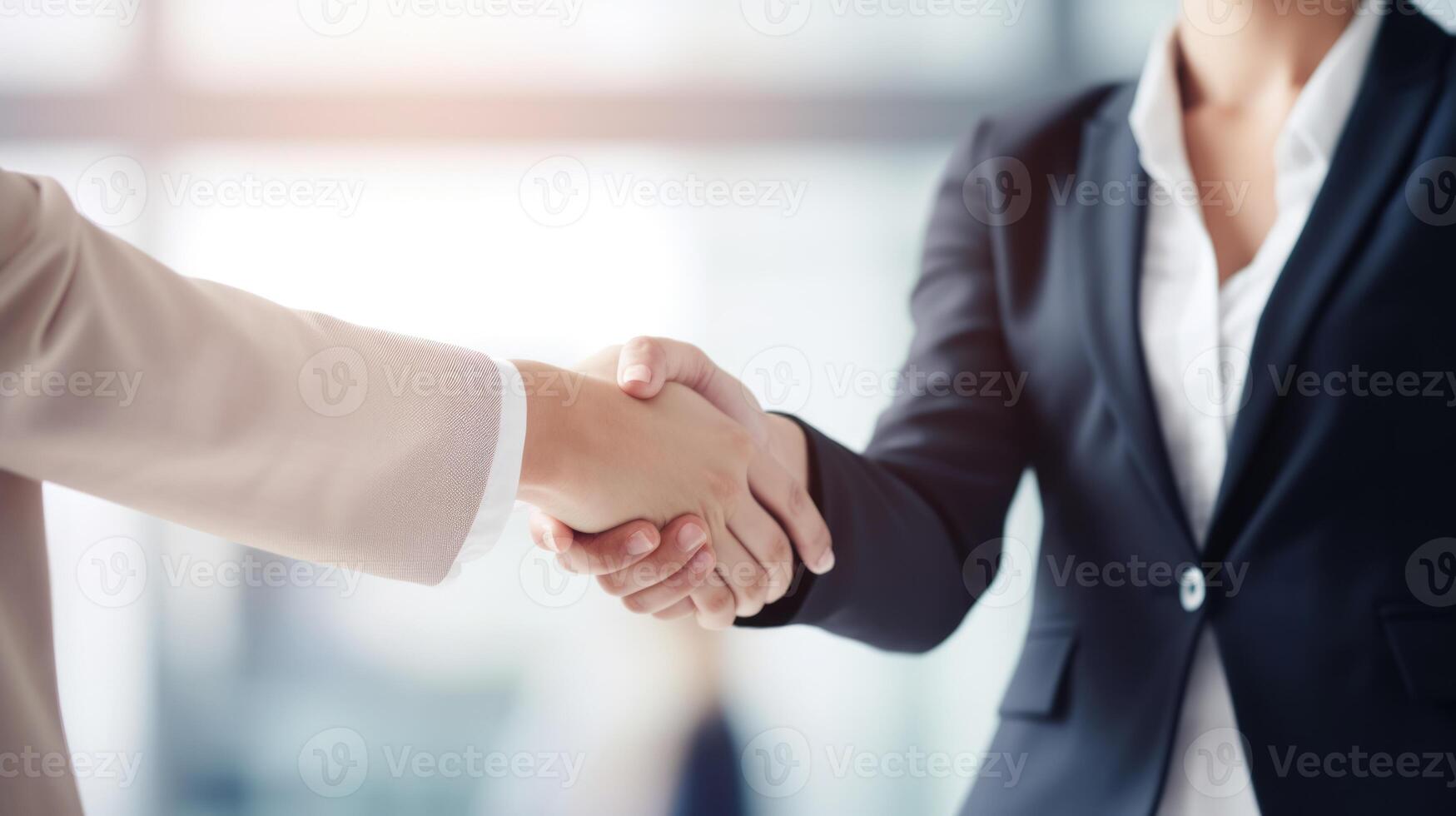 Business handshake between two women. Close up. Inside a modern bright office. . photo