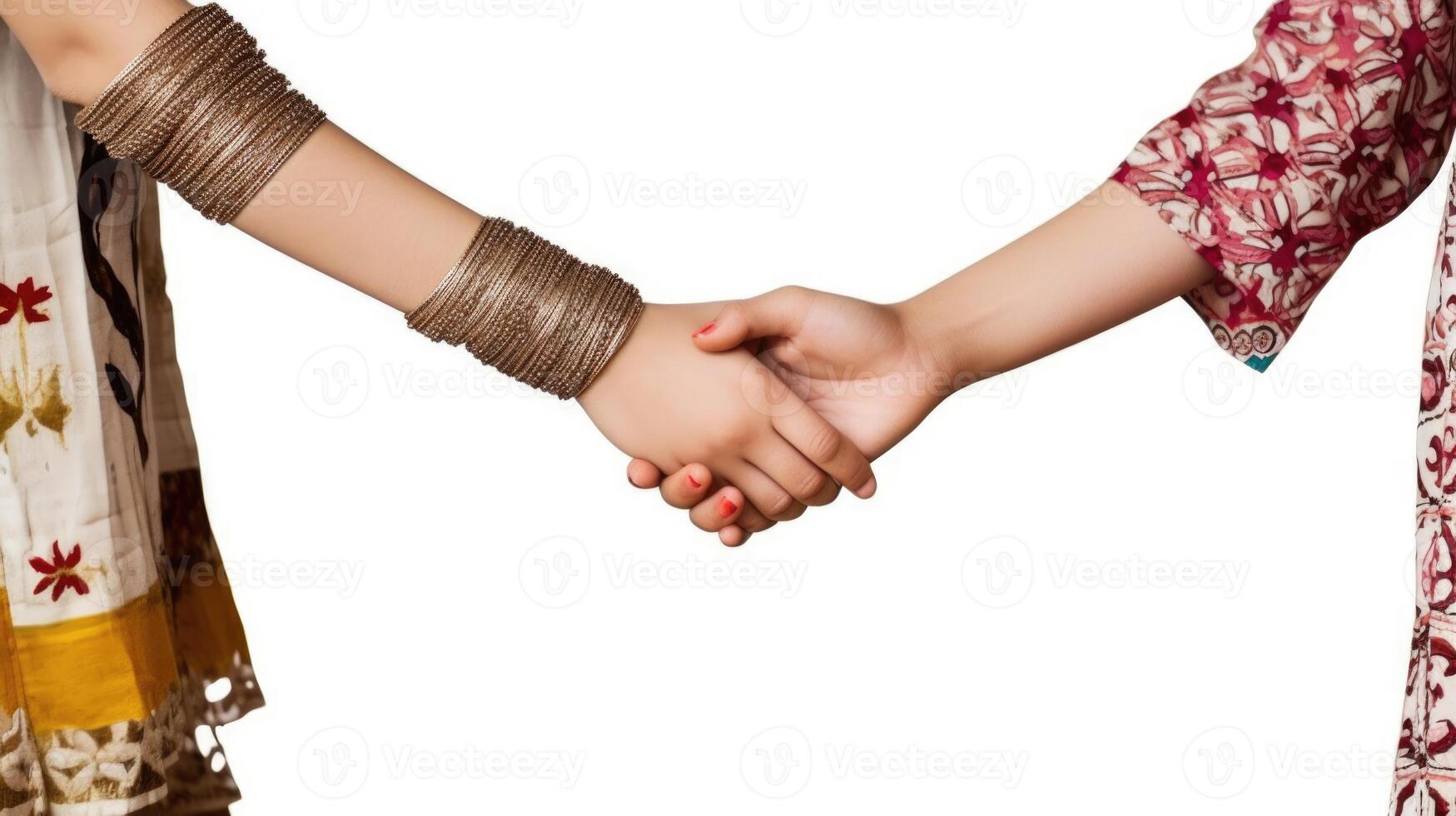 Friendly or casual handshake between Arabian Cultural Women in their traditional attires. . photo