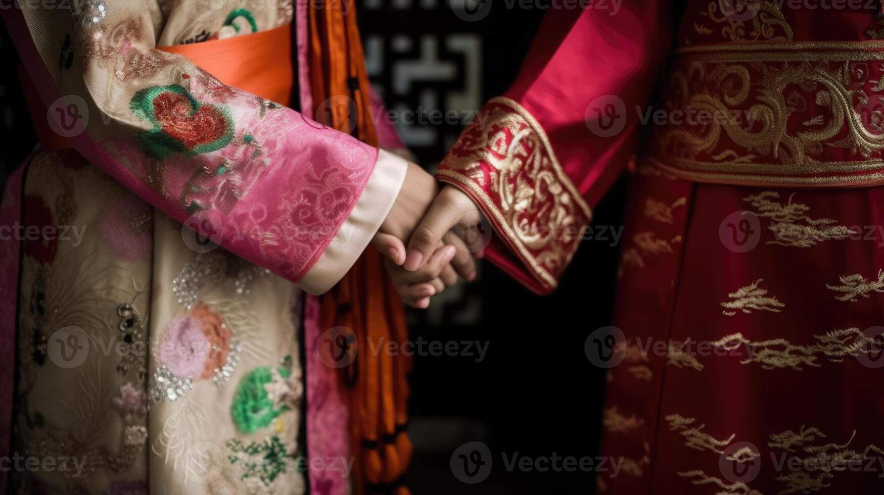 simpático o casual apretón de manos Entre chino mujer en su tradicional atuendos generativo ai. foto