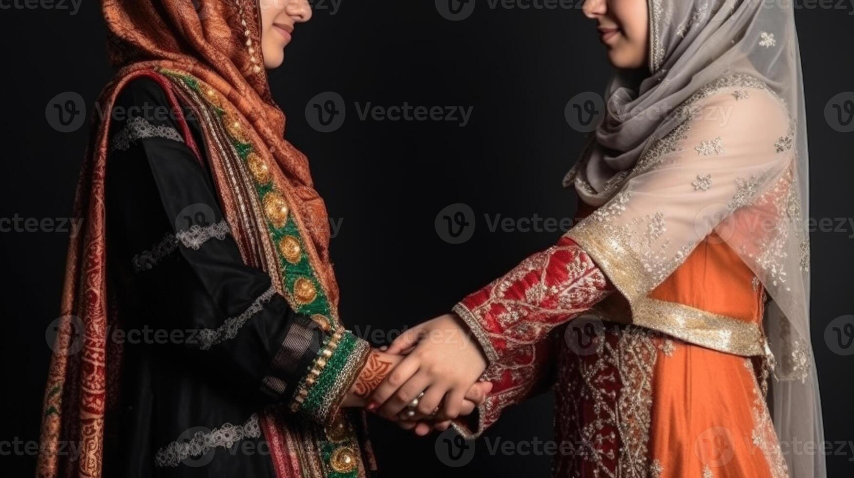 Friendly or casual handshake between two Arabian women. Close up. . photo