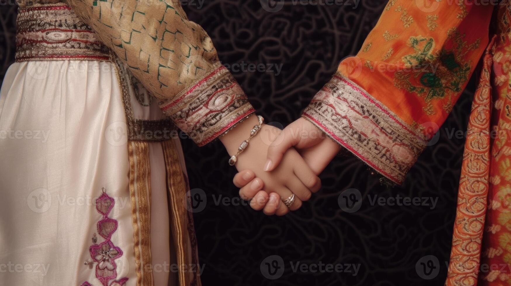 Friendly or casual handshake between Arabian Cultural Women in their traditional attires. . photo