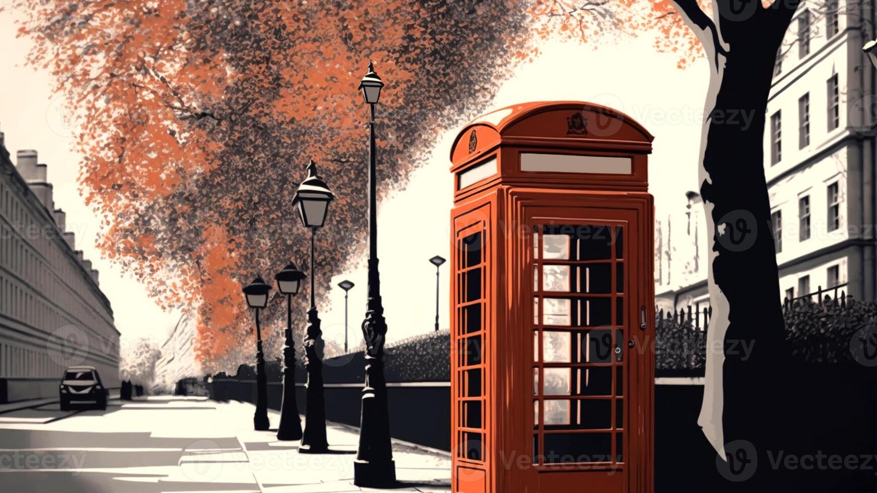 Red telephone box in London during autumn season, . photo