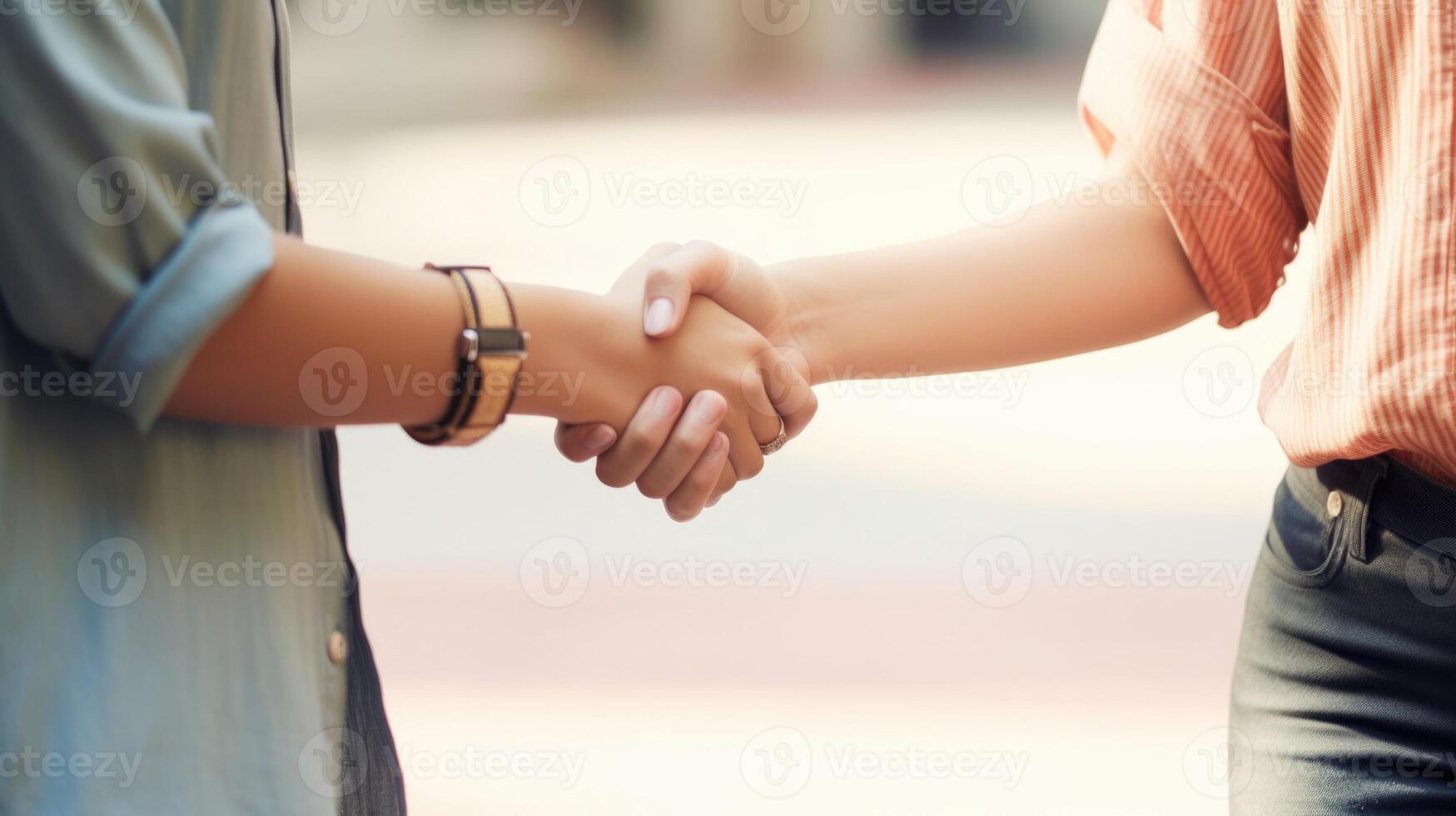 Friendly or casual handshake between two women. Close up. . photo