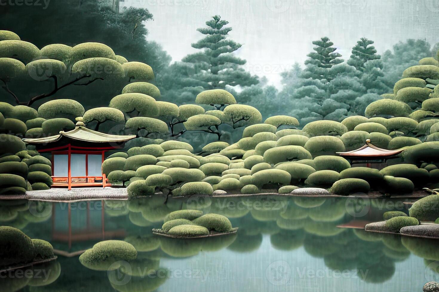 Peaceful Lake Landscape Nature Background with Asian Temple Surrounding Tree. Illustration. photo