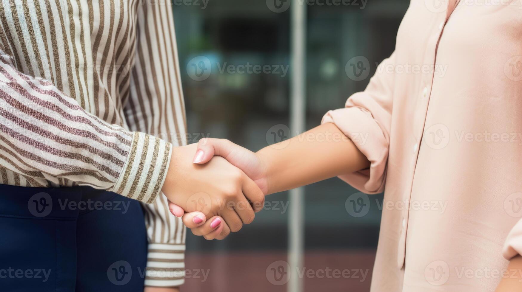 Friendly or casual handshake between two women. Close up. . photo