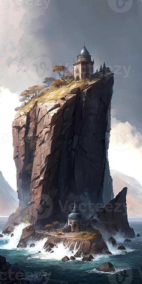 Hyper Realistic of Dark Cloud Sea Landscape with Castle on Rock. Illustration. photo