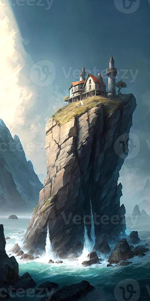 Hyper Realistic of Dark Cloud Sea Landscape with Castle on Rock and Tree. Illustration. photo