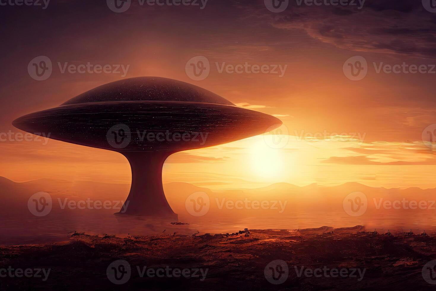 Abstract Fantasy Science Fiction Landscape, Circular Earth Red Planet. Illustration. photo