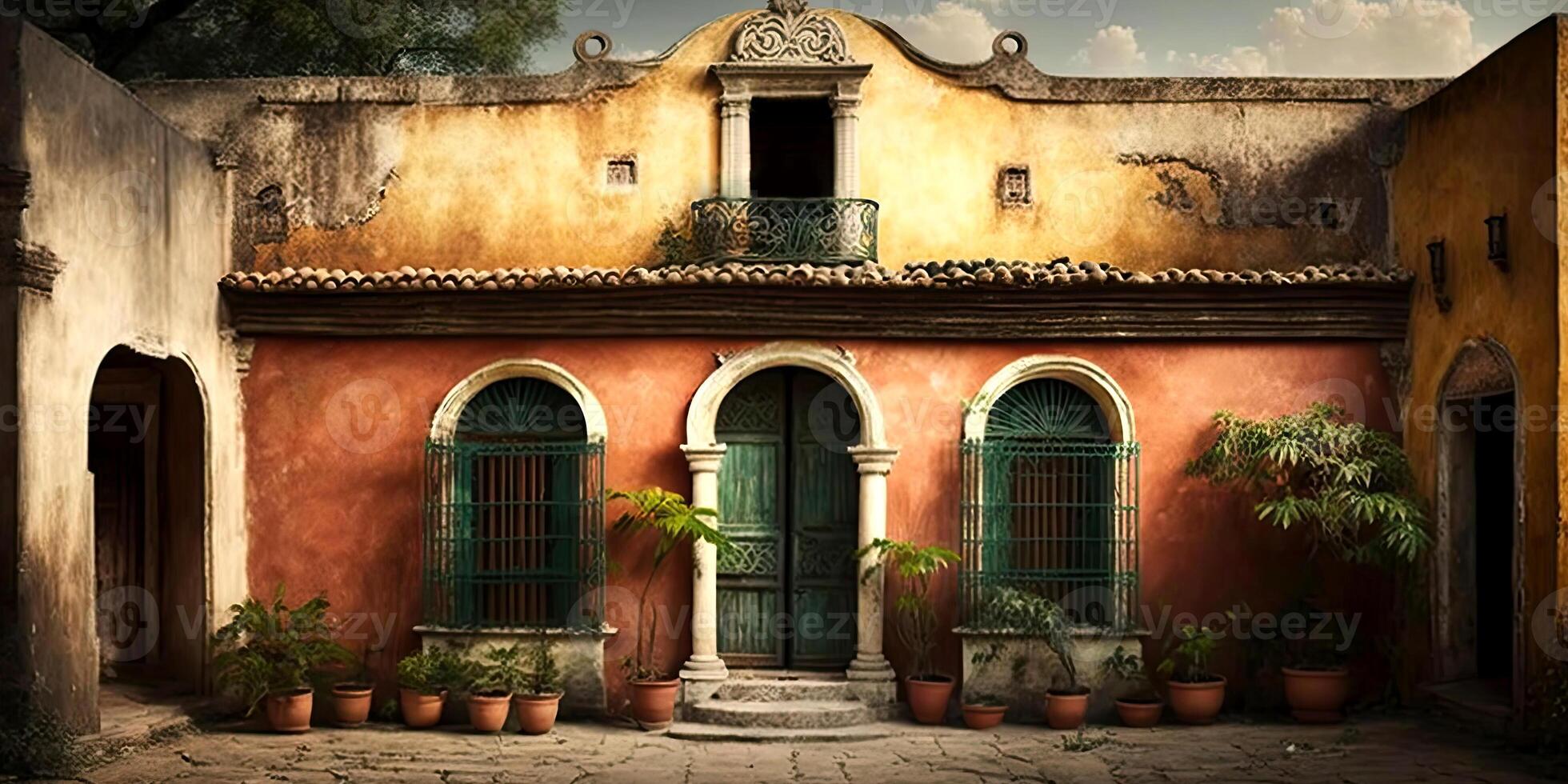 Hyper Realistic Panoramic View of Spooky Interior Massive Fantasy Old Facade Palace with Plant Potted. Illustration. photo