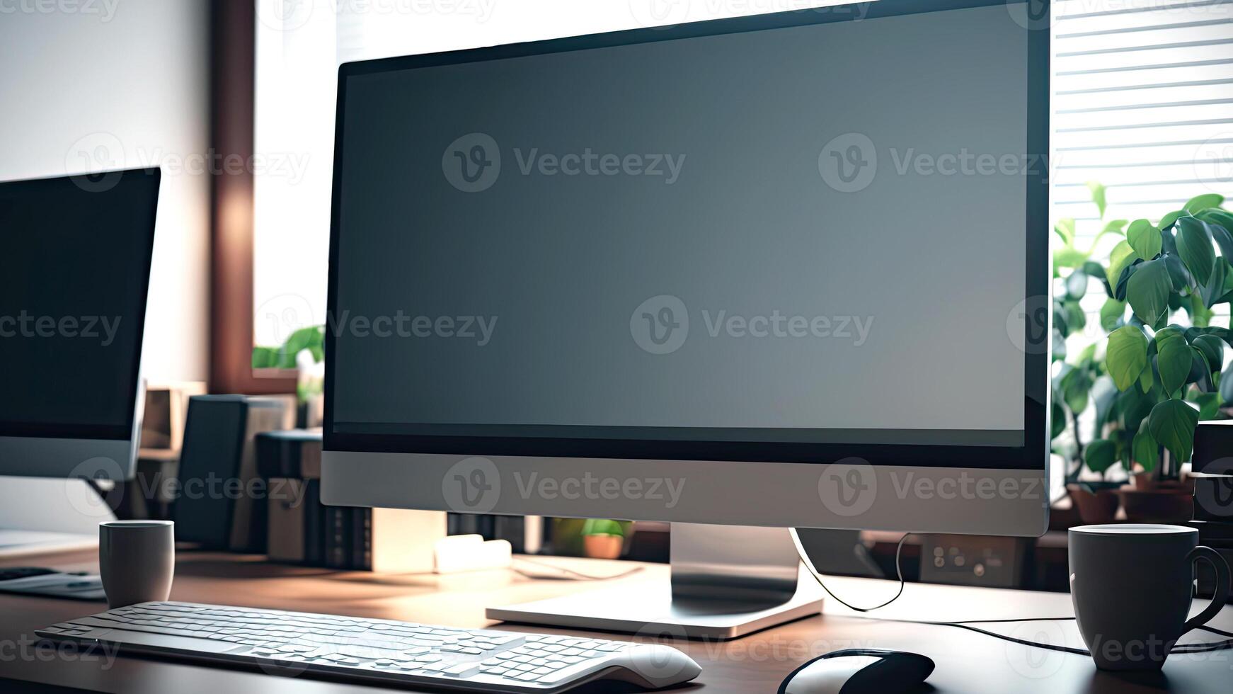 Modern workspace with computer monitor, or desktop, screen mock up on wooden table. photo