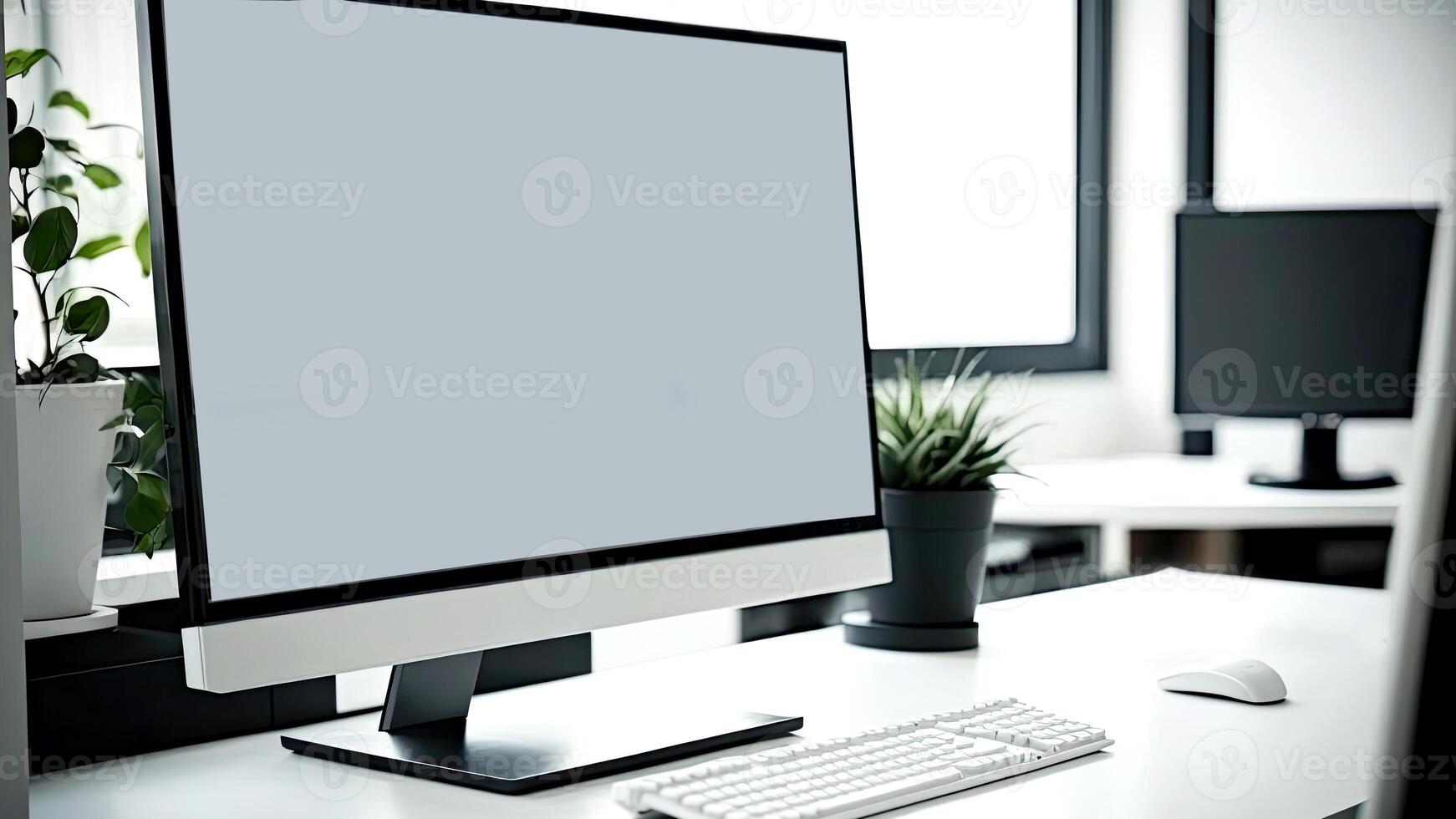 Modern workspace with computer monitor, or desktop, screen mock up on wooden table. photo