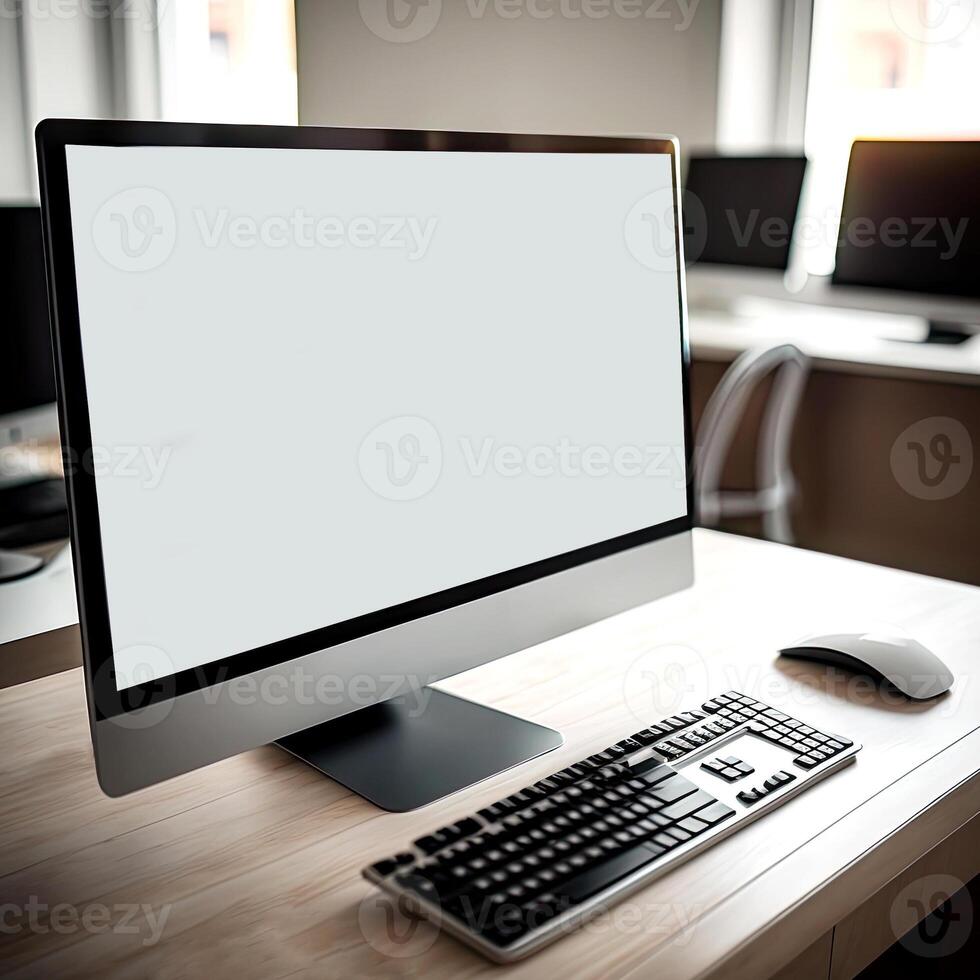 moderno espacio de trabajo con computadora monitor, o escritorio, pantalla burlarse de arriba en de madera mesa. generativo ai foto