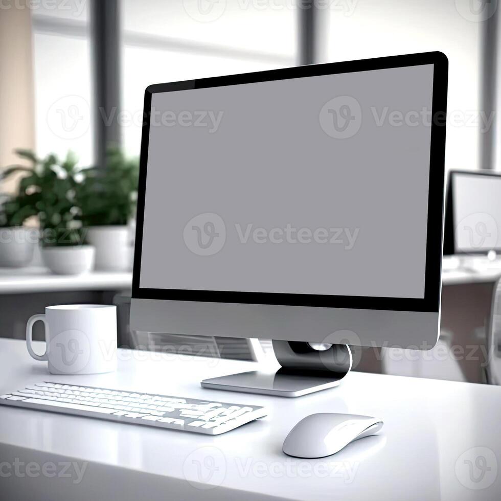 moderno espacio de trabajo con computadora monitor, o escritorio, pantalla burlarse de arriba en de madera mesa. generativo ai foto