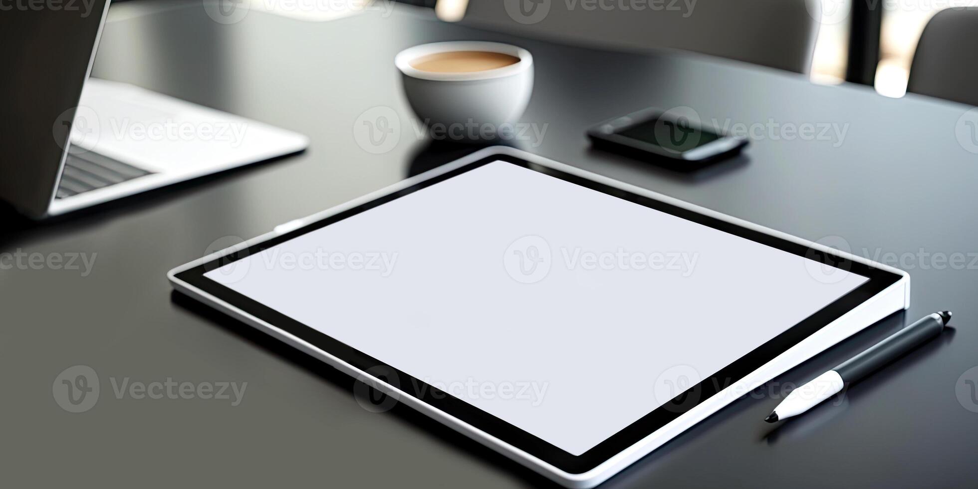 Realistic tablet mock-up for app presentations. The tablet Mockup from above lies slightly slanted on a wooden desk - photo