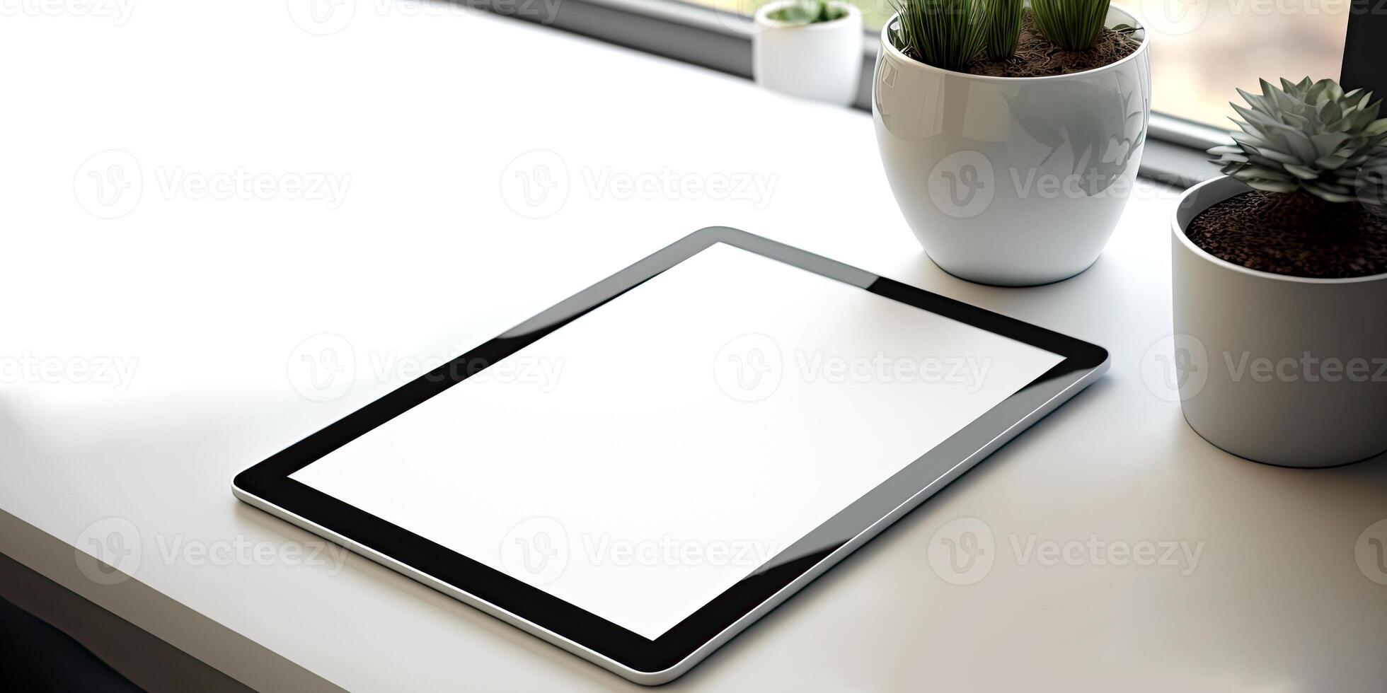 Realistic tablet mock-up for app presentations. The tablet Mockup from above lies slightly slanted on a wooden desk - photo