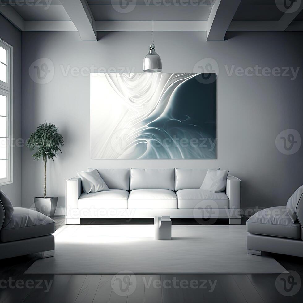 interior de moderno vivo habitación con sofá, Sillón y creativo obra de arte ai generativo. foto