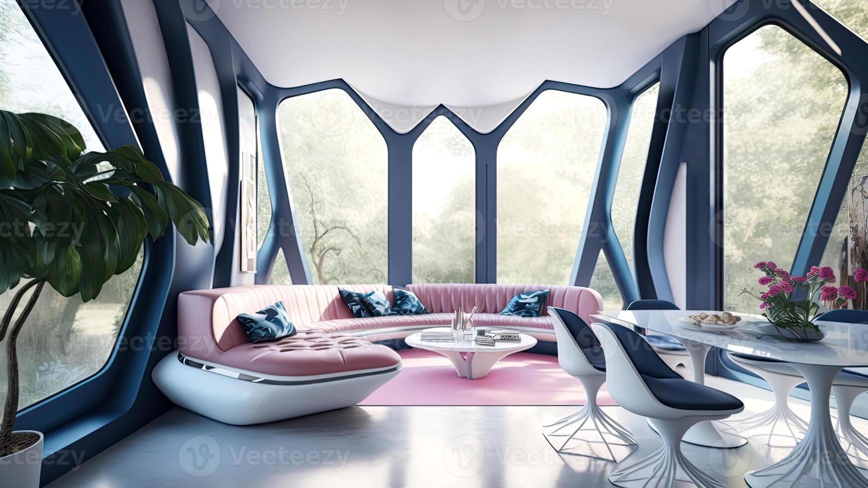 Futuristic interior style livingroom, Modern cozy living room with monochrome blush. . photo