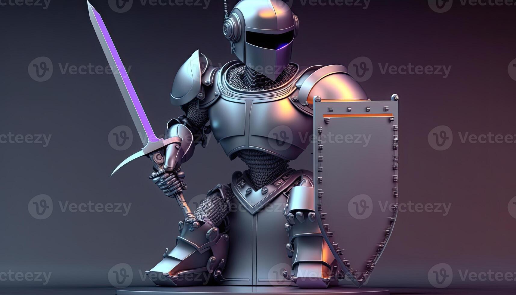 A cyborg holding a futuristic sword with shield, digital art style. . photo