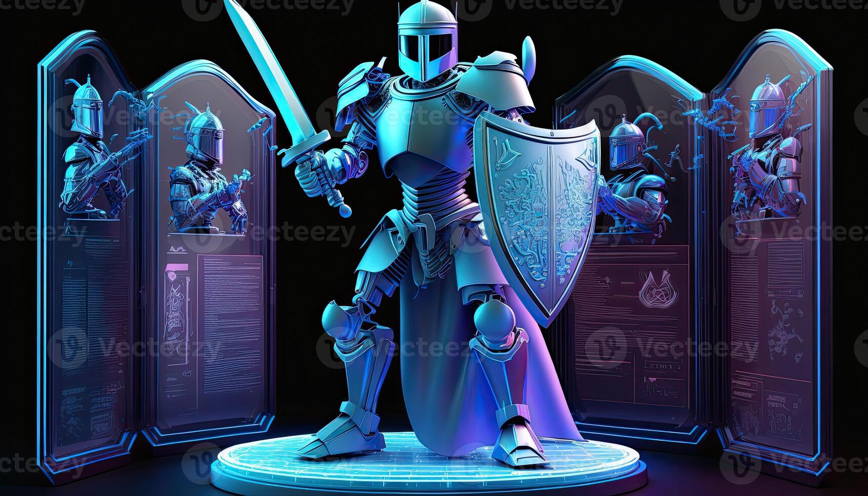 A cyborg holding a futuristic sword, digital hologram graphs background, digital art style. . photo