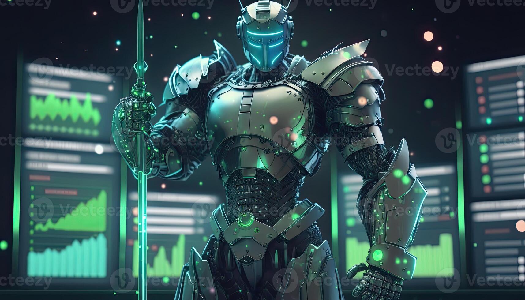 A cyborg holding a futuristic sword, digital hologram graphs background, digital art style. . photo