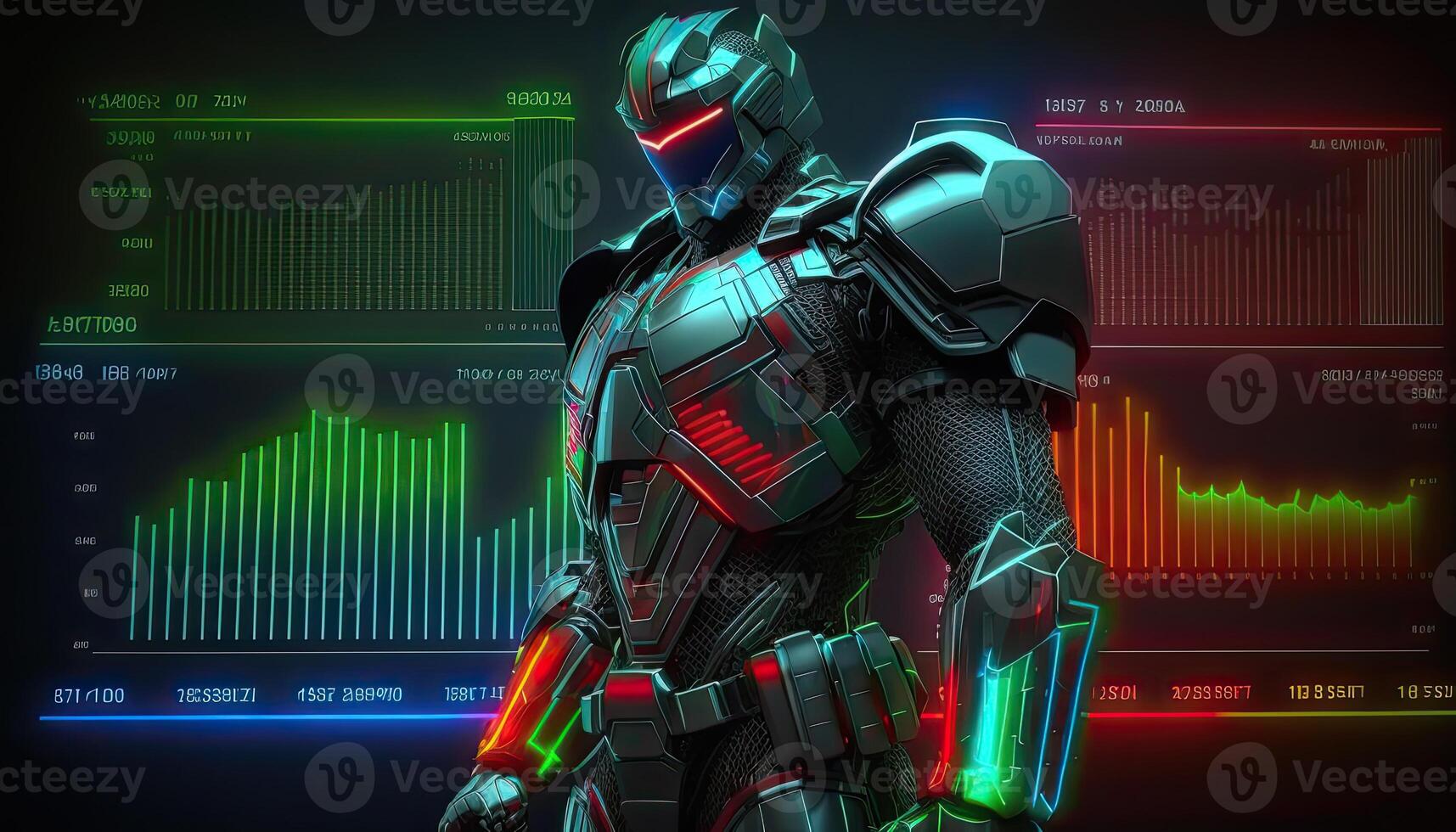 Robot operating virtual interface and manipulating elements with robotic hand. Colorful holographic screen artificial intelligence concept. photo