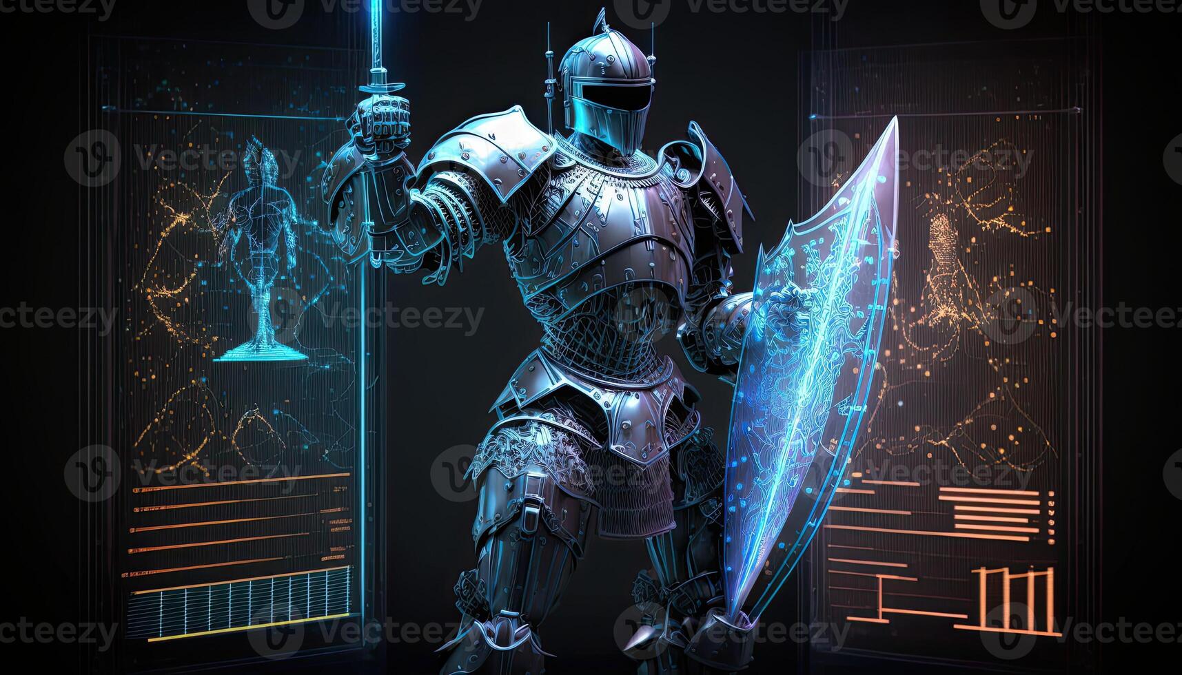 A cyborg holding a futuristic sword, digital hologram graphs background, digital art style. . photo