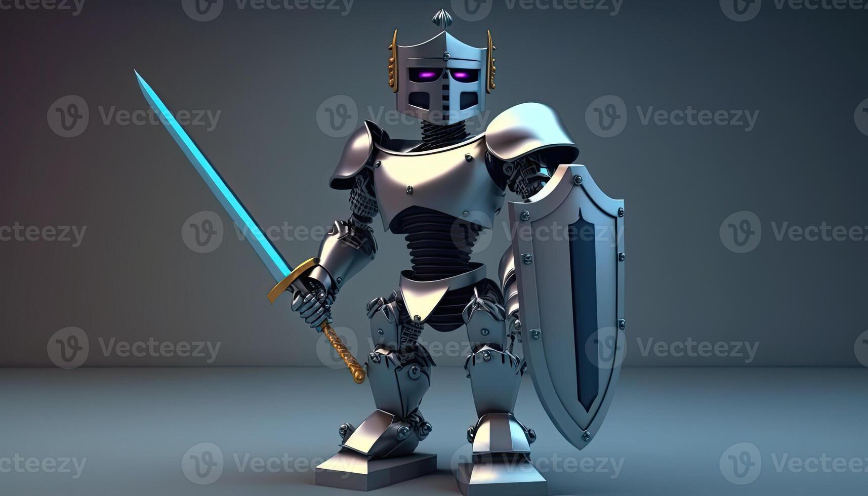 A cyborg holding a futuristic sword with shield, digital art style. . photo