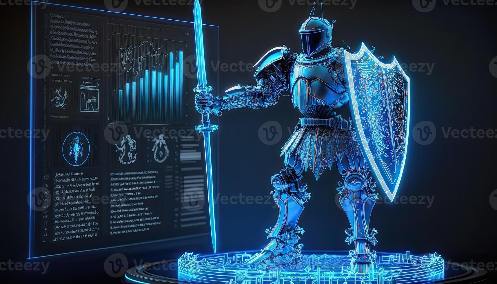 A cyborg holding a futuristic sword, digital hologram graphs background, digital art style. . photo