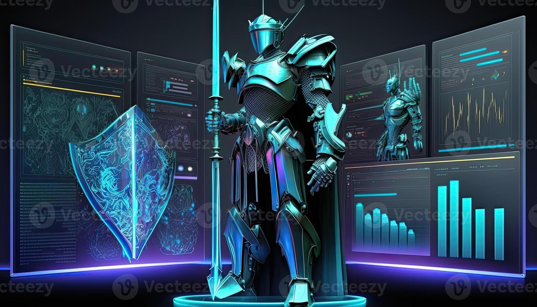 A cyborg holding a futuristic sword, digital hologram graphs background, digital art style. . photo