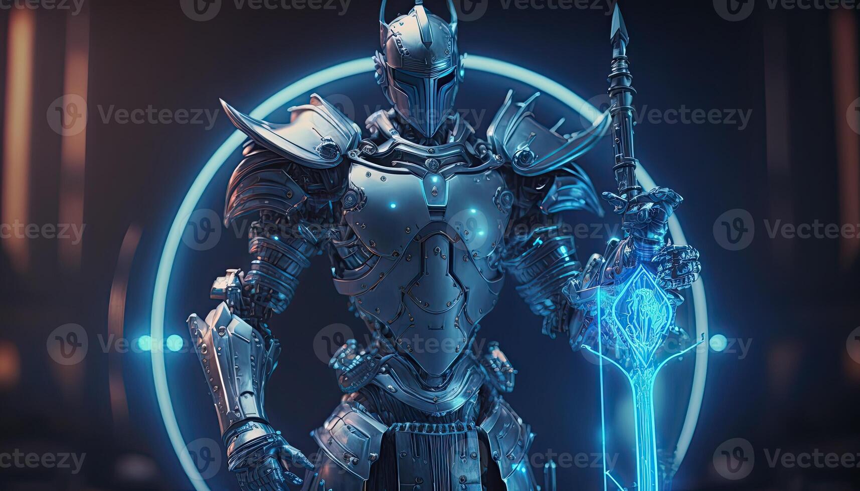 A cyborg holding a futuristic sword, digital hologram graphs background, digital art style. . photo