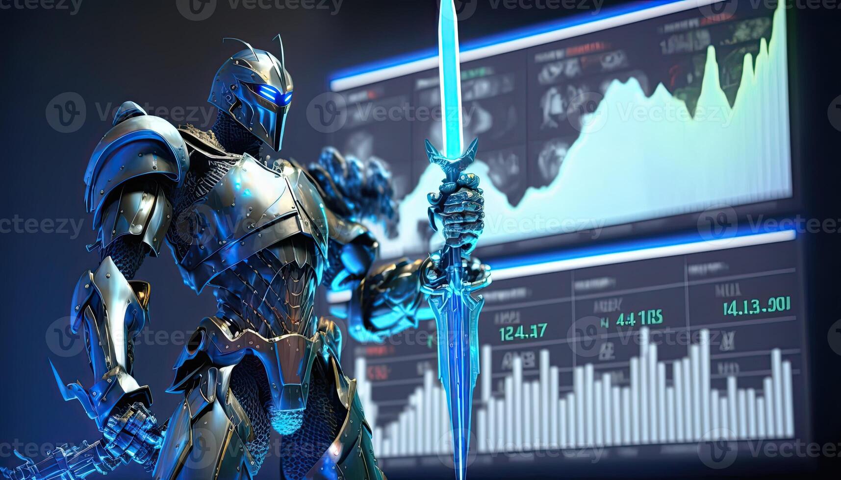 A cyborg holding a futuristic sword, digital hologram graphs background, digital art style. . photo