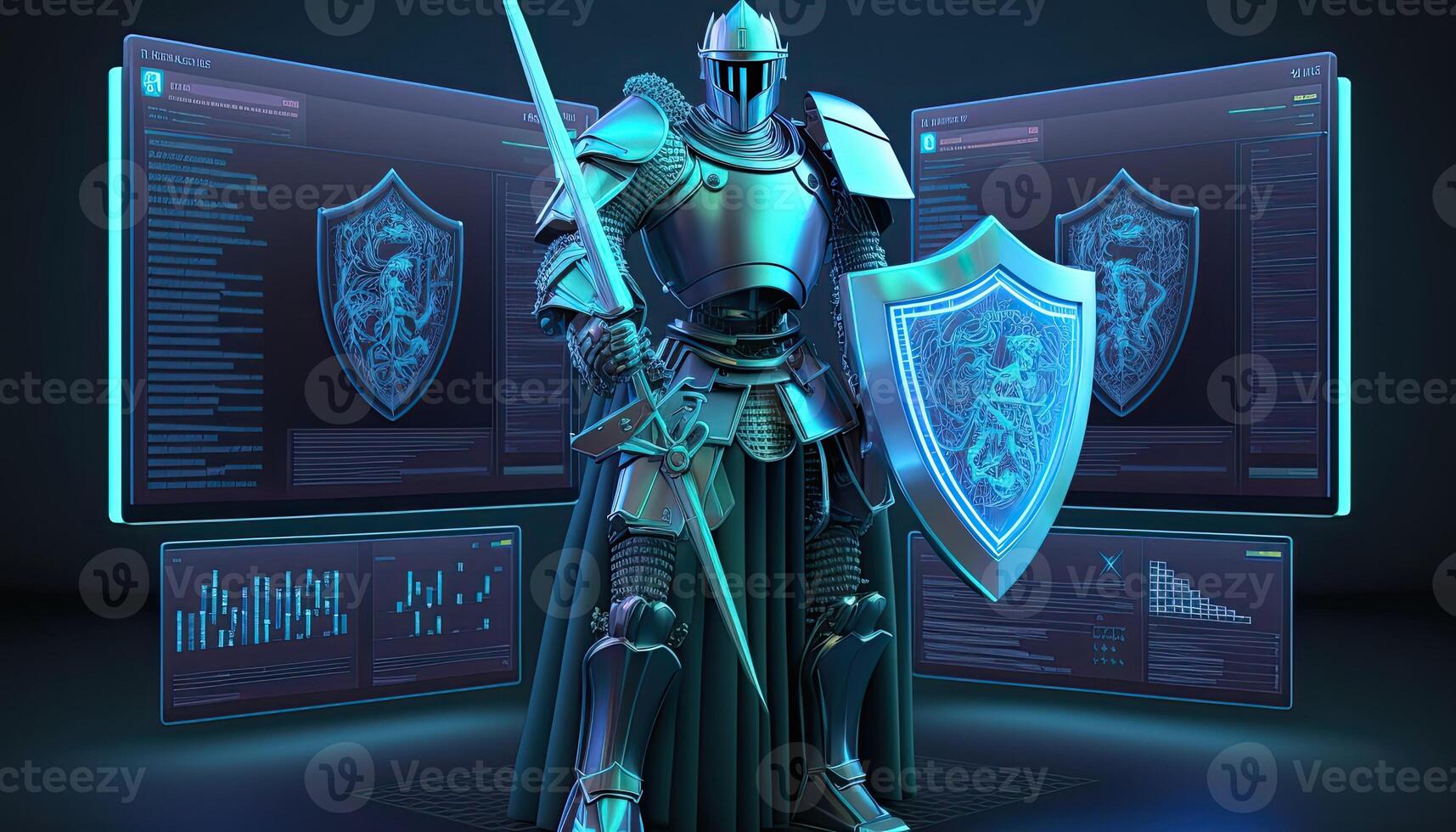 A cyborg holding a futuristic sword, digital hologram graphs background, digital art style. . photo