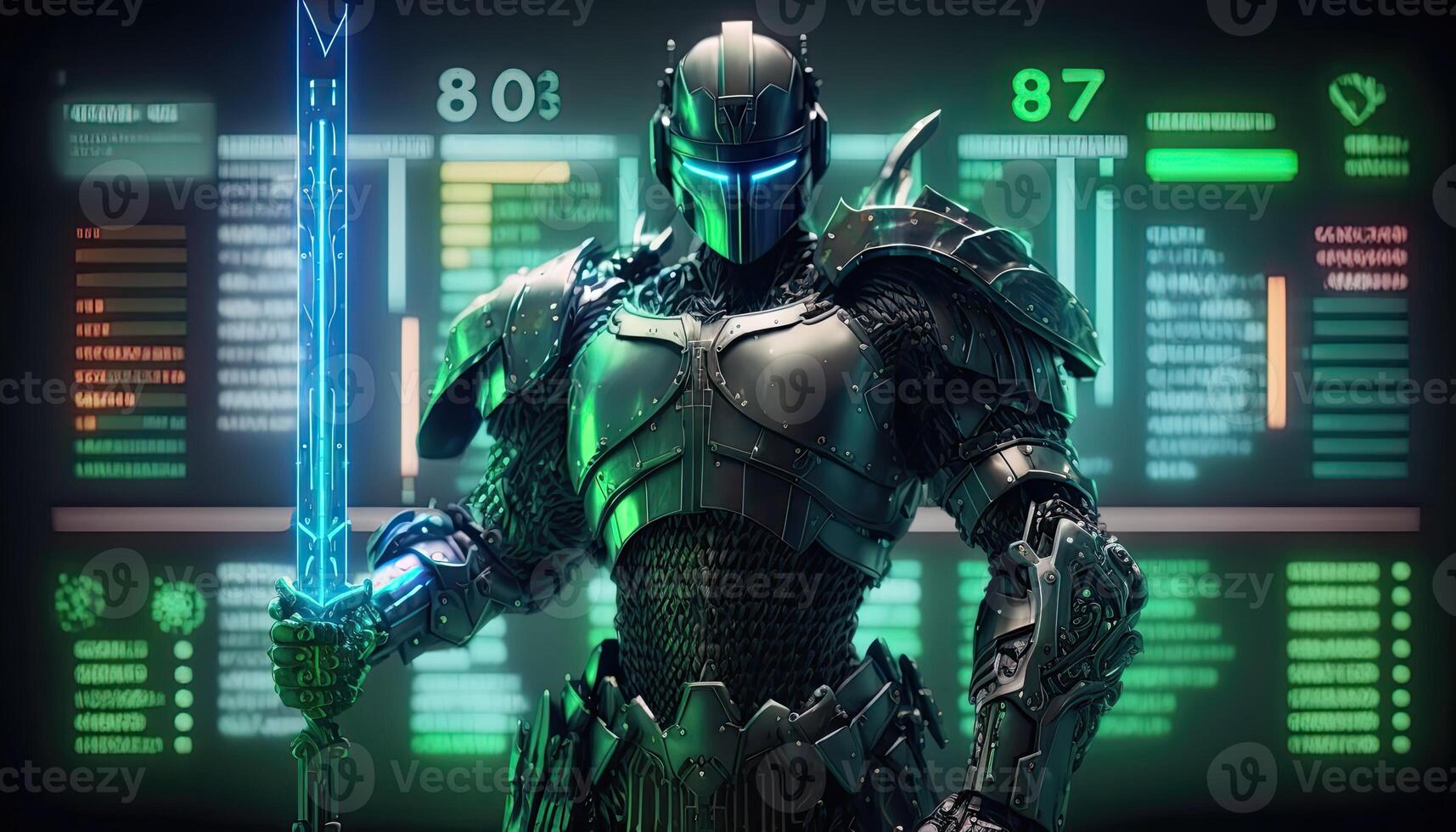 A cyborg holding a futuristic sword, digital hologram graphs background, digital art style. . photo