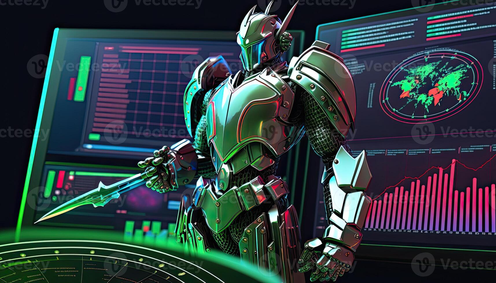 A cyborg holding a futuristic sword, digital hologram graphs background, digital art style. . photo