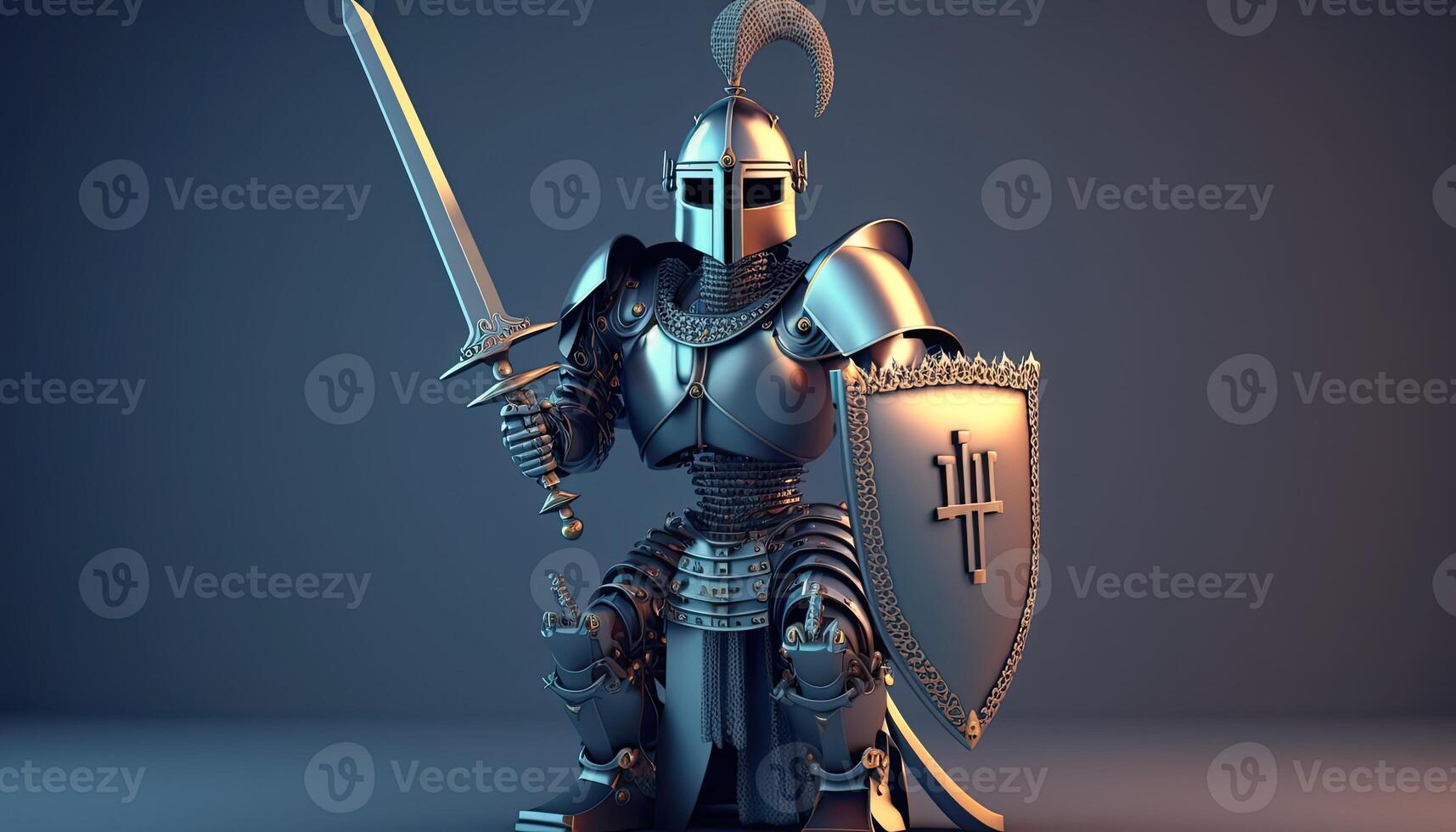 A cyborg holding a futuristic sword with shield, digital art style. . photo