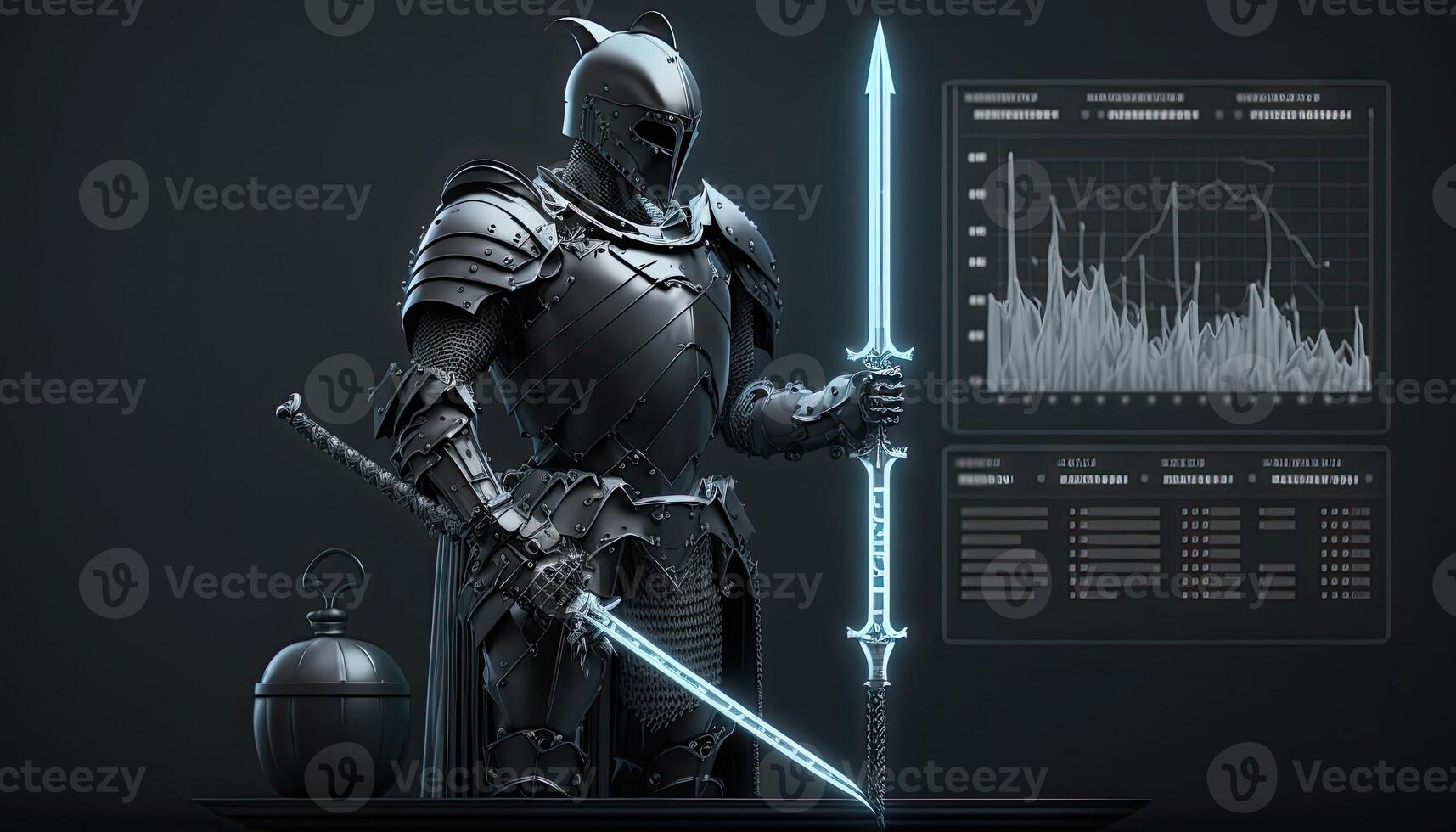 A cyborg holding a futuristic sword, digital hologram graphs background, digital art style. . photo