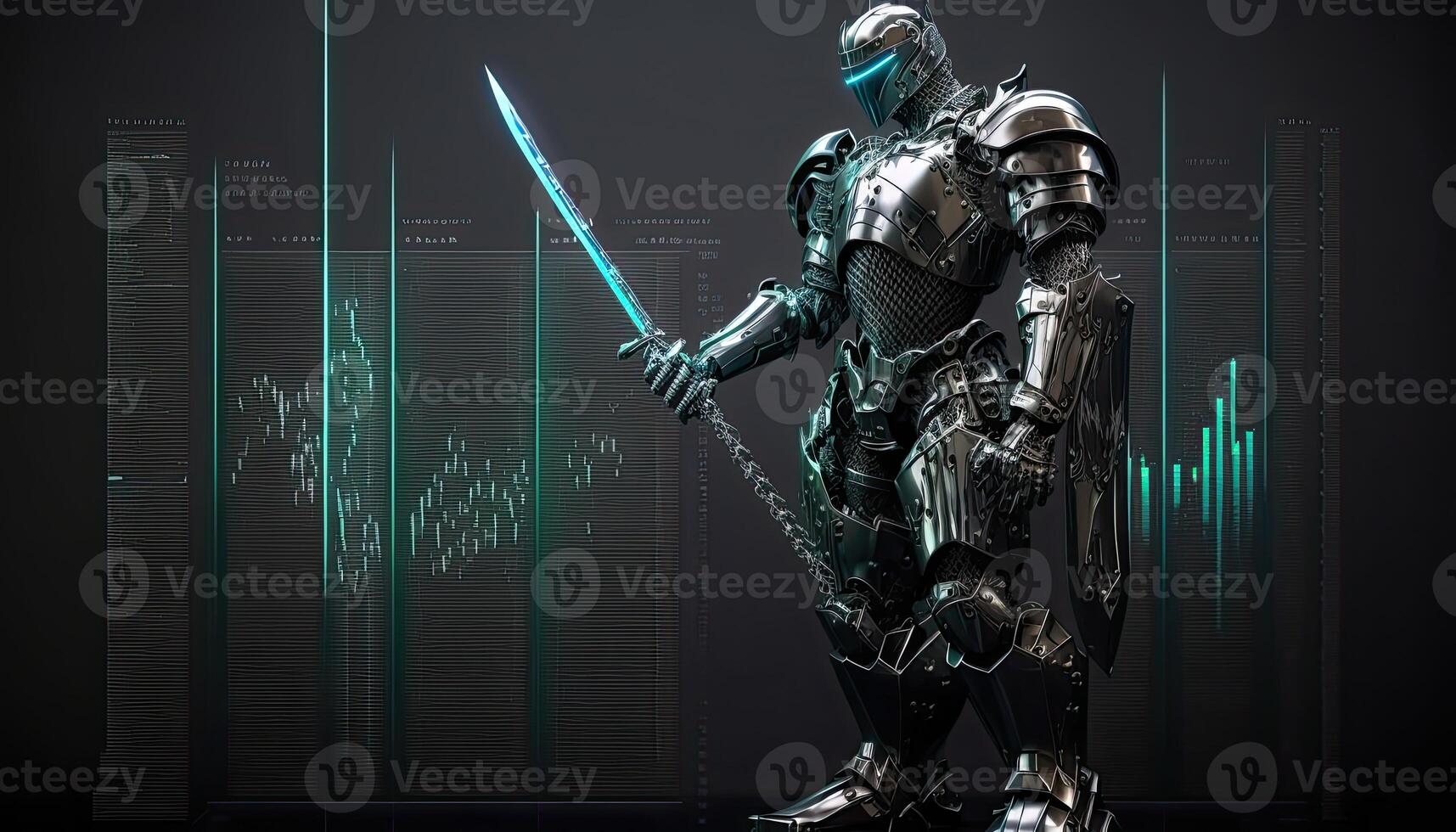 A cyborg holding a futuristic sword, digital hologram graphs background, digital art style. . photo