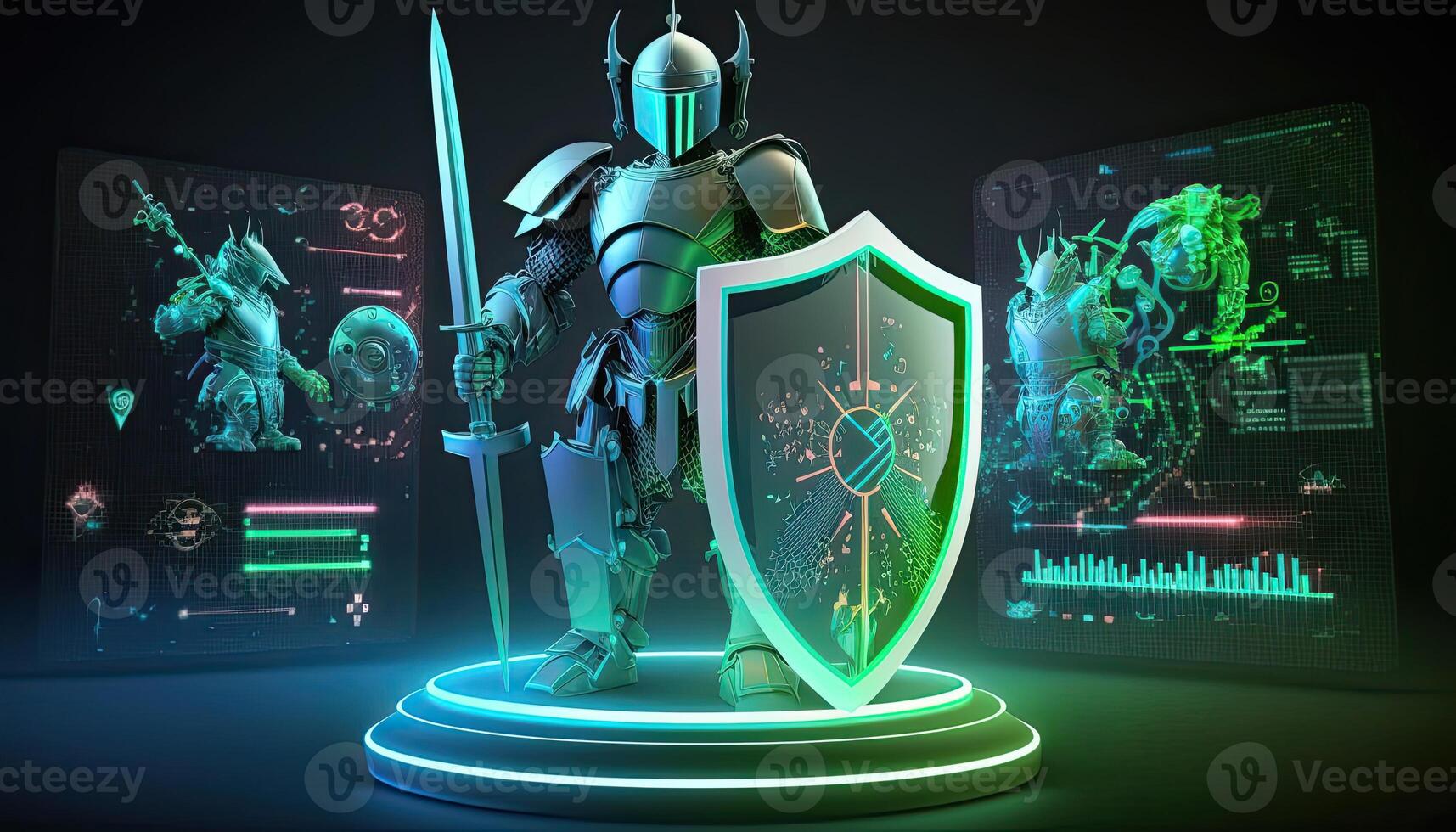 A cyborg holding a futuristic sword, digital hologram graphs background, digital art style. . photo