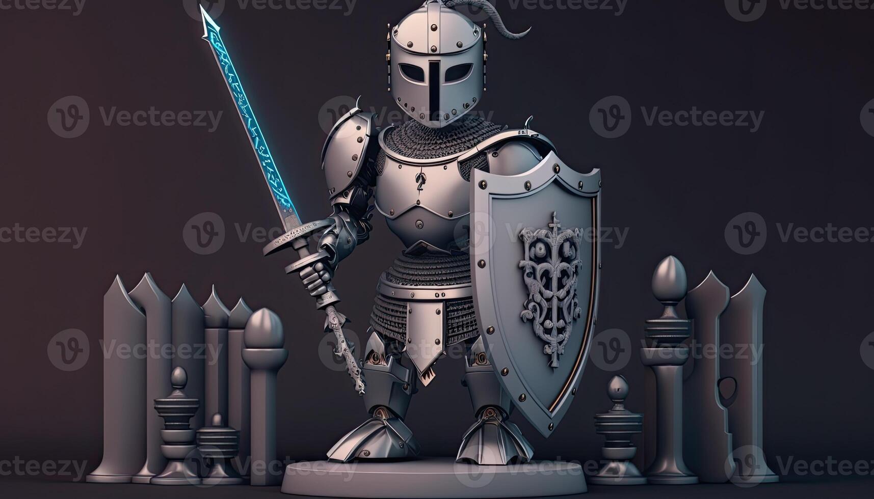 A cyborg holding a futuristic sword with shield, digital art style. . photo