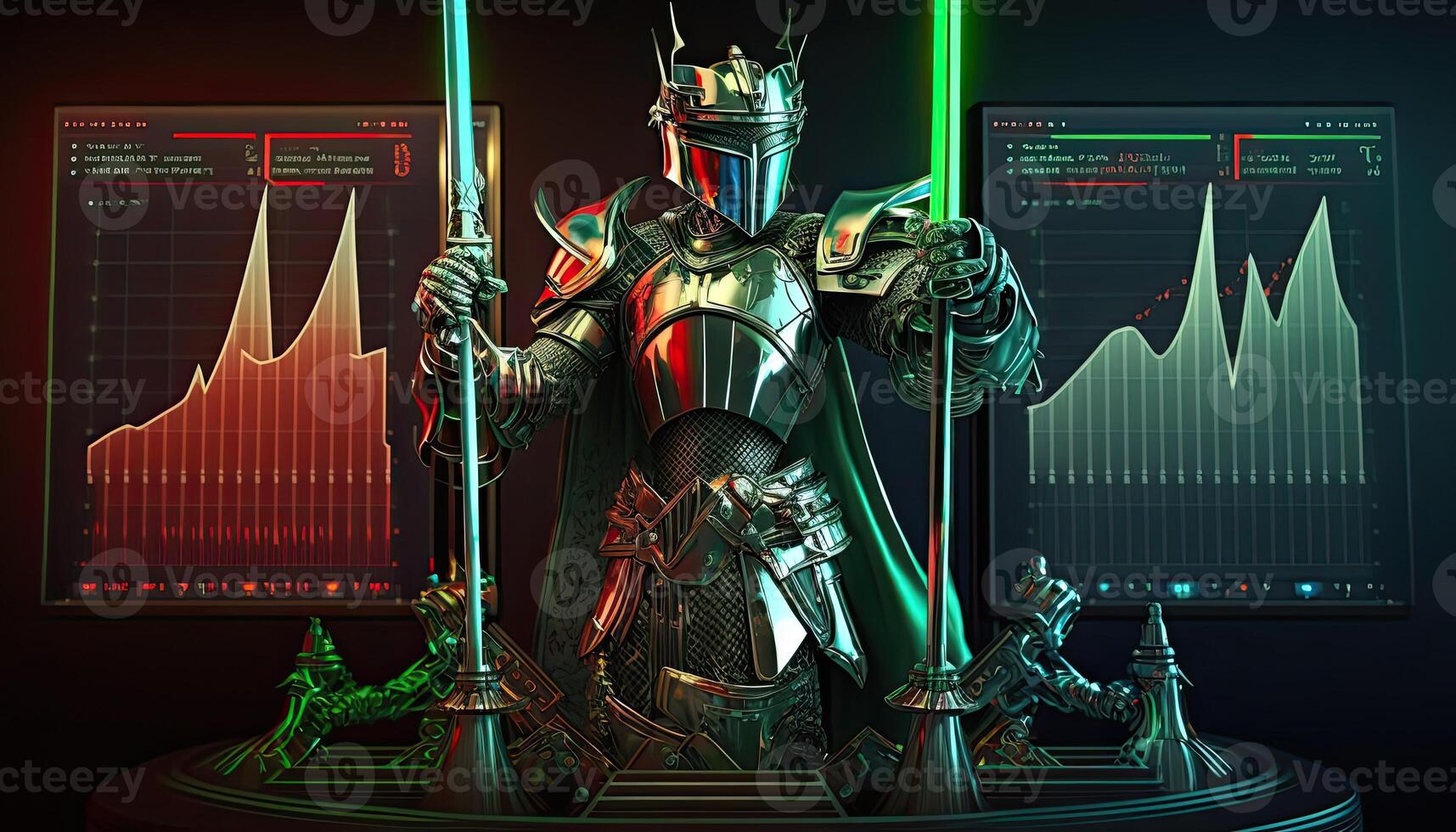 A cyborg holding a futuristic sword, digital hologram graphs background, digital art style. . photo