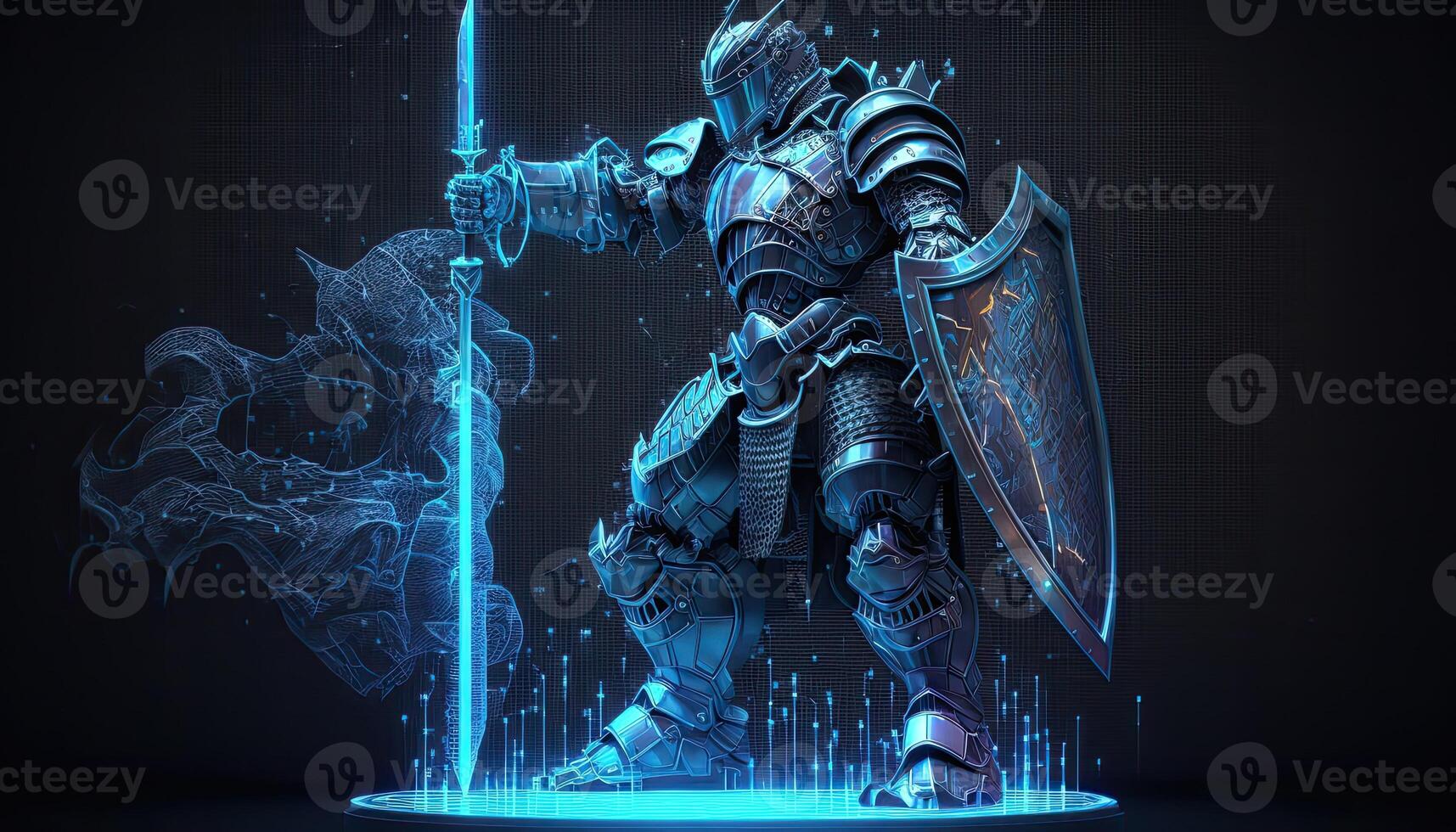 A cyborg holding a futuristic sword, digital hologram graphs background, digital art style. . photo