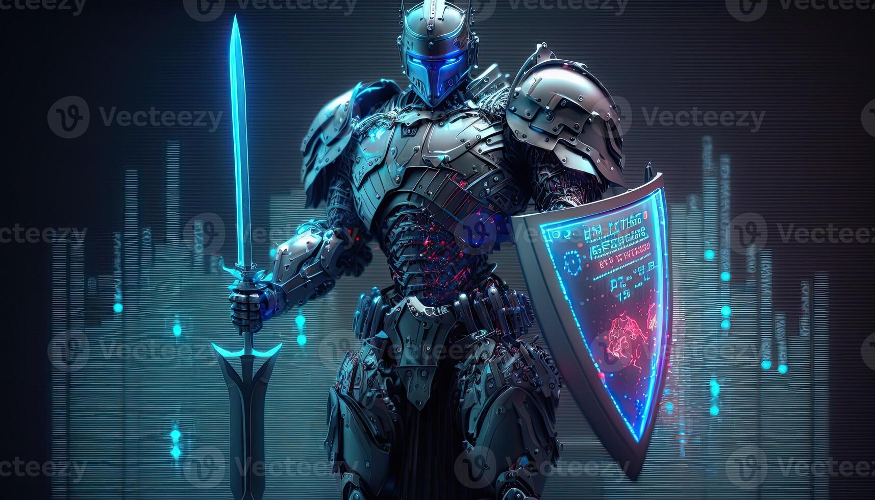 A cyborg holding a futuristic sword with shield, digital hologram graphs background, digital art style. . photo
