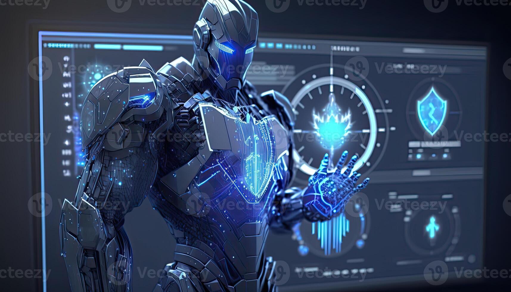 Robot operating virtual interface and manipulating elements with robotic hand. Blue holographic screen artificial intelligence concept. Robots control people in the near future. photo