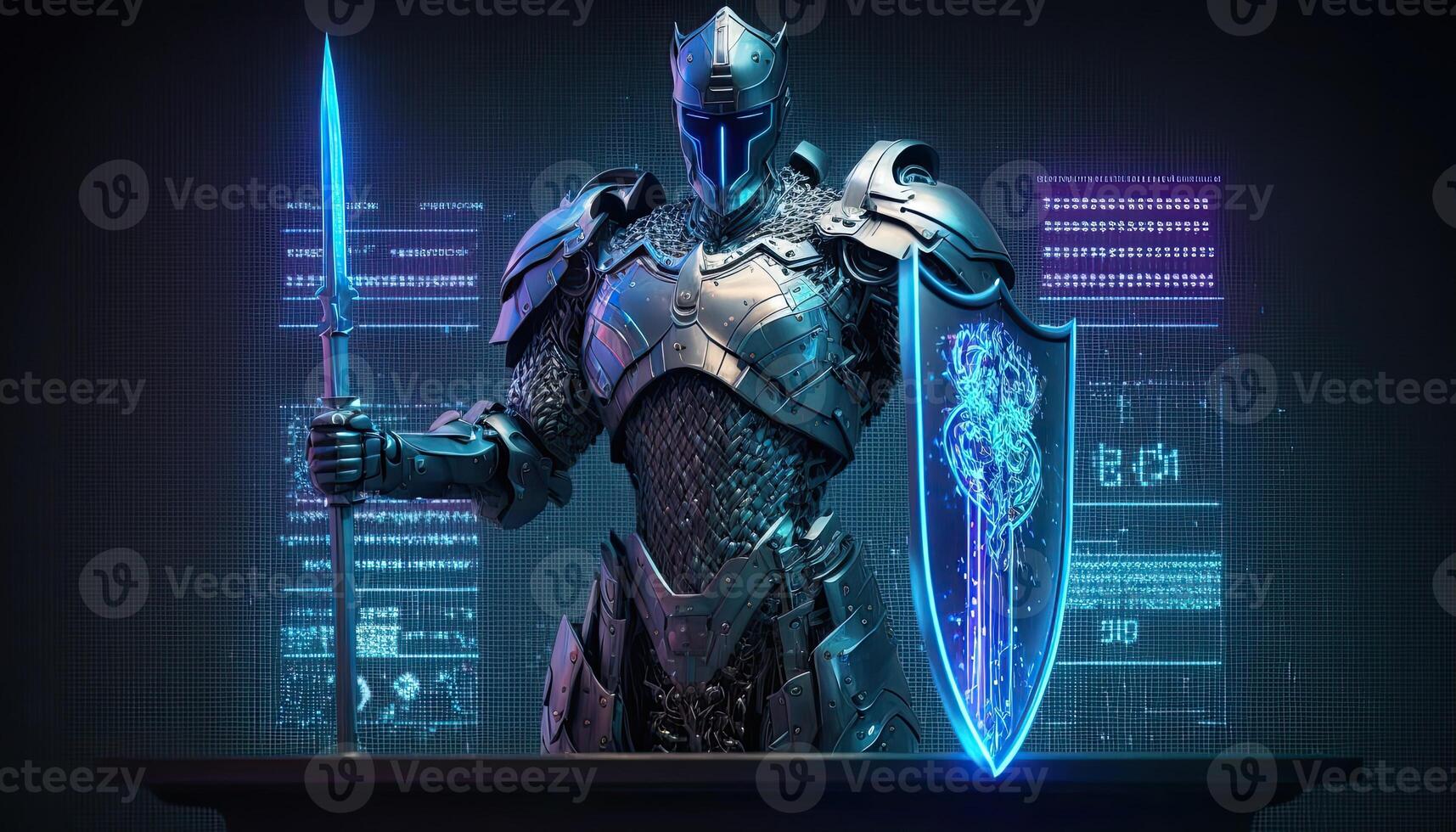 A cyborg holding a futuristic sword with shield, digital hologram graphs background, digital art style. . photo