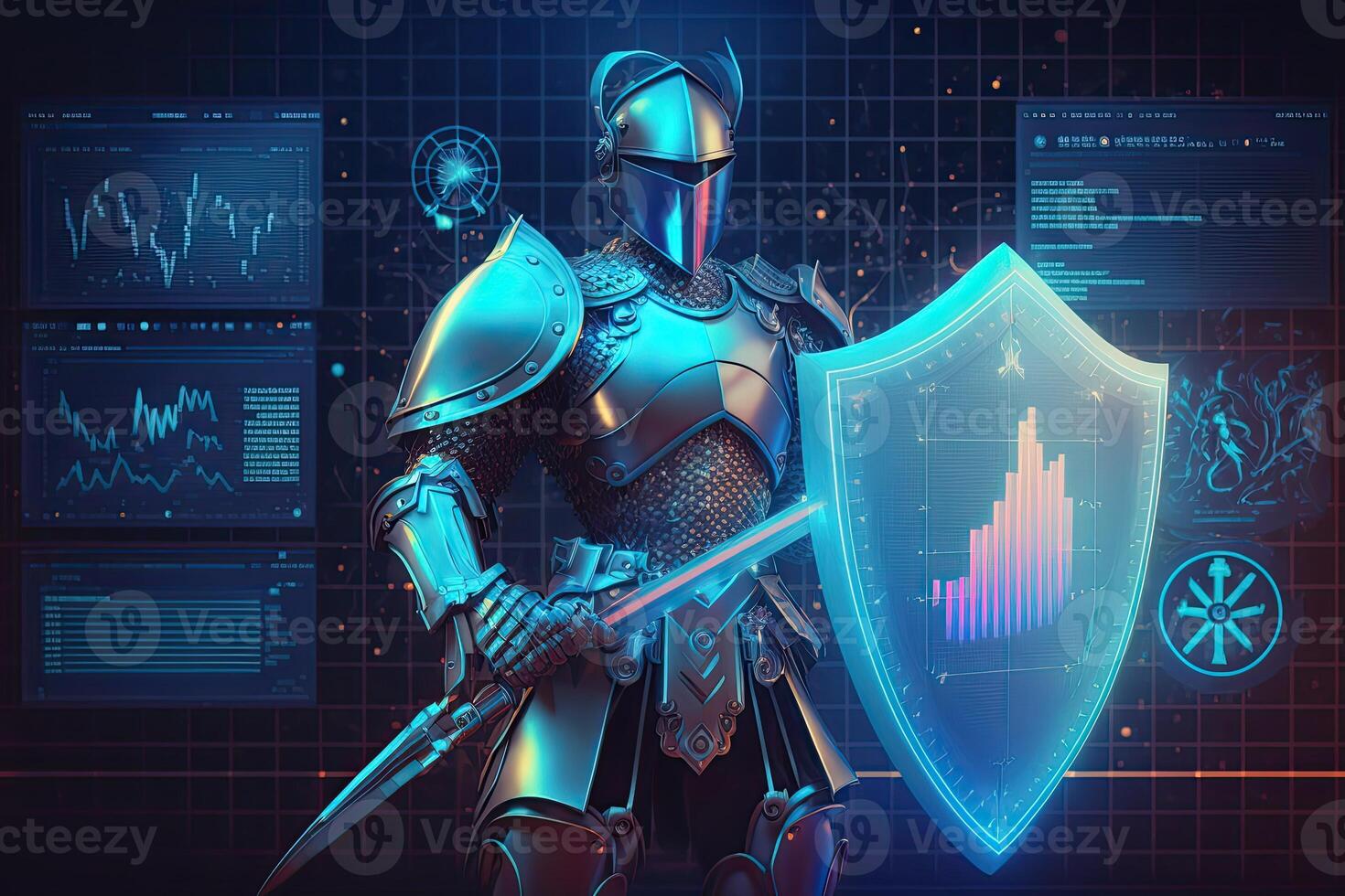 A cyborg holding a futuristic sword with shield, digital hologram graphs background, digital art style. . photo
